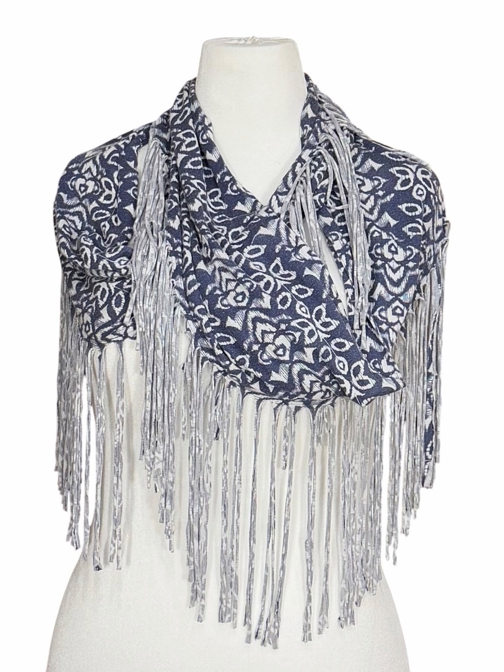 Chan Luu Blue & White Fringed Floral Wrap